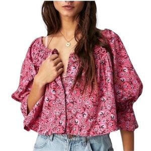 NWOT Free People James Smock Cropped Pink Floral Top Size Small